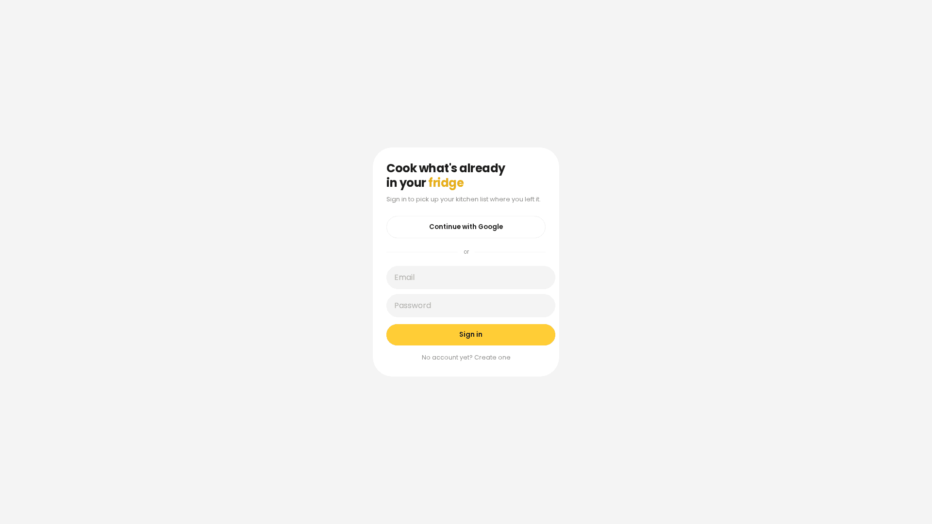 Fridge sign-in screen: cook what's already in your fridge