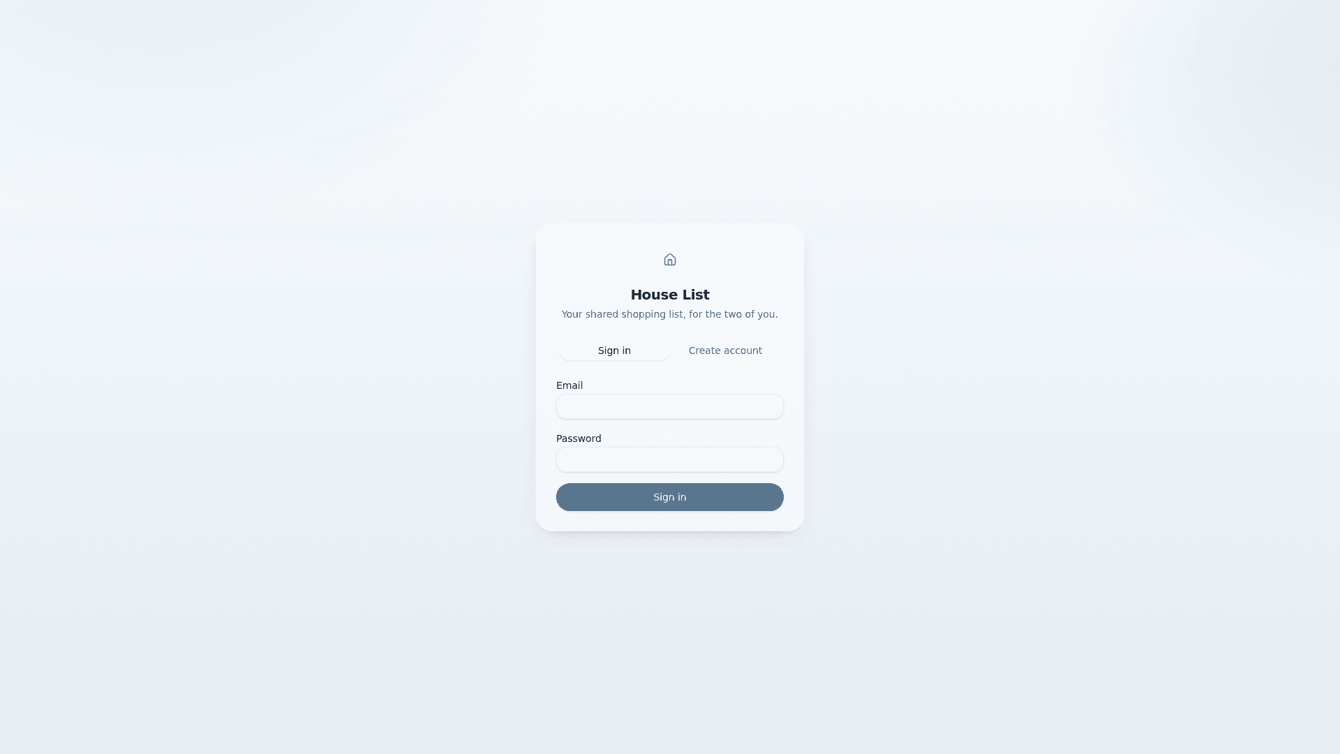 House List sign-in screen: your shared shopping list, for the two of you
