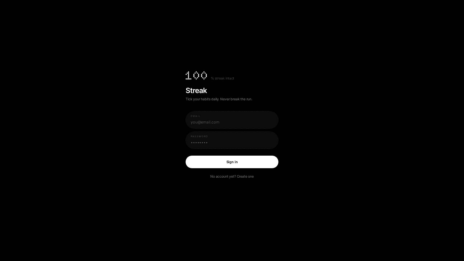 Streak sign-in screen: tick your habits daily, never break the run